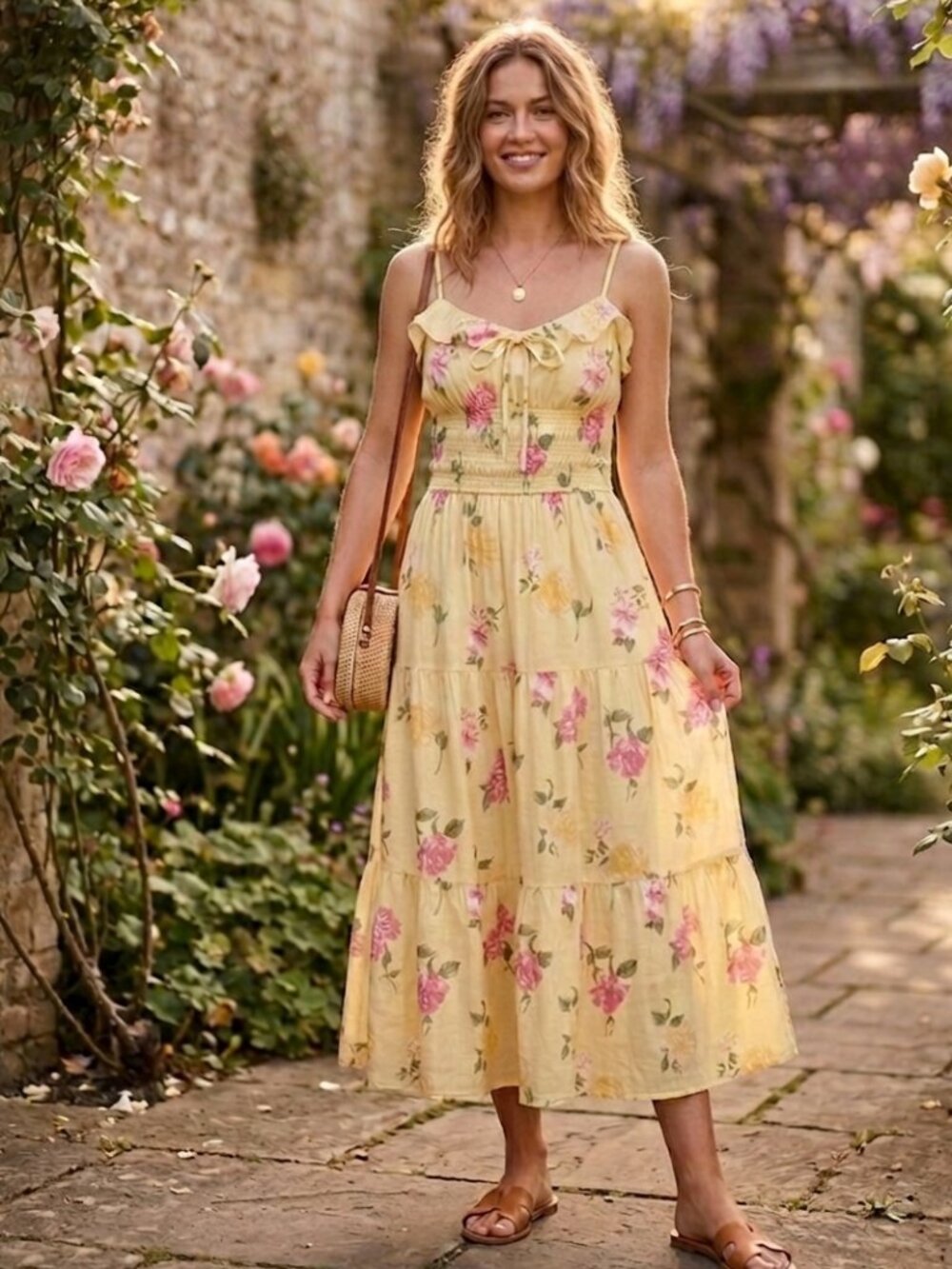 2/$65 NWT Trixxi Yellow Floral Smocked Tiered Midi Dress Cottagecore Party S